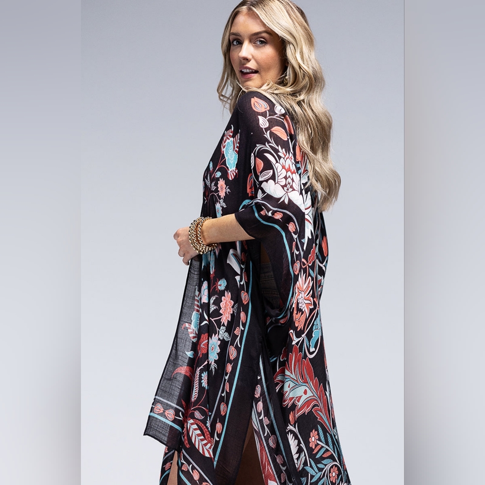 Teal & Black / Leaf & Flower Print Kimono - Lightweight Silky Material - NEW!!! - Picture 2 of 5